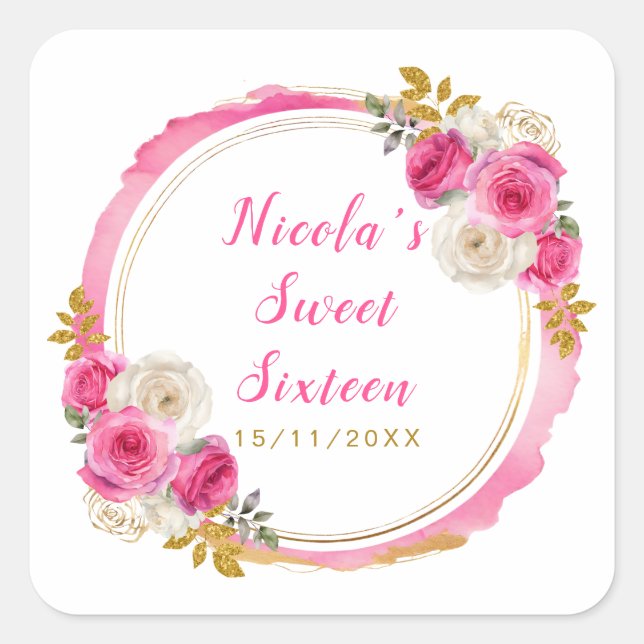 Hot Pink and Gold Elegant Flowers Sweet Sixteen Square Sticker (Front)