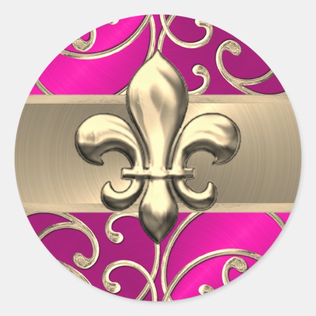 Hot Pink and Gold Filigree Swirls Fleur de Lis Classic Round Sticker (Front)
