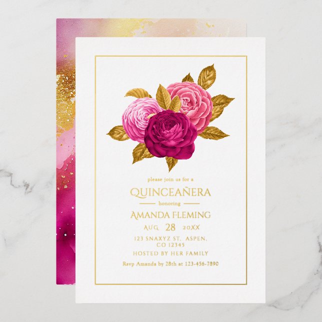 Hot-Pink and Gold Floral Quinceañera (Front/Back)