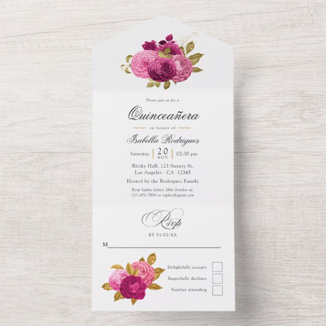 Hot-Pink and Gold Floral Quinceañera All In One Invitation (Inside)