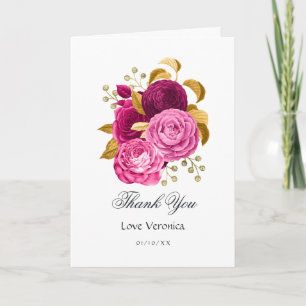 Hot Pink and Gold Floral Quinceañera Thank You Card