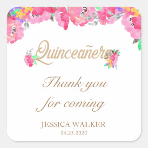 Hot Pink and Gold Floral Thank you Quinceanera Square Sticker