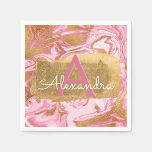 Hot Pink and Gold Foil Elegant Marble Birthday Napkin
