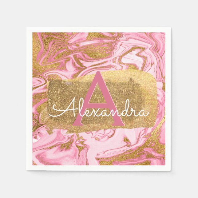 Hot Pink and Gold Foil Elegant Marble Birthday Napkin (Front)