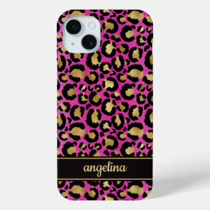 Hot Pink And Gold Foil Leopard Print Monogrammed iPhone 15 Mini Case