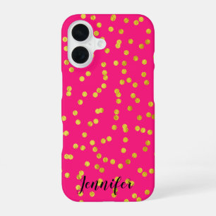 Hot Pink and Gold Foil Look Confetti iPhone 16 Case