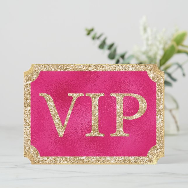 Hot Pink and Gold Glitter VIP Event Ticket Invitation (Standing Front)