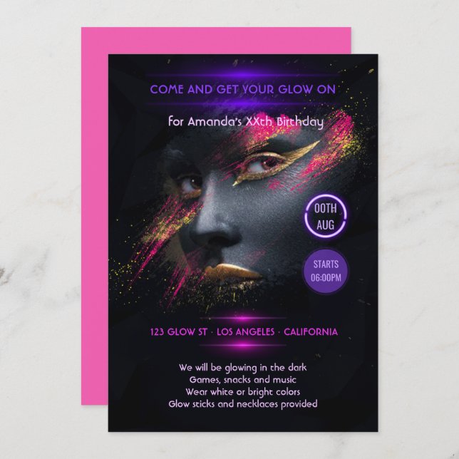 Hot-Pink and Gold Glow in the Dark Neon Party Invitation (Front/Back)