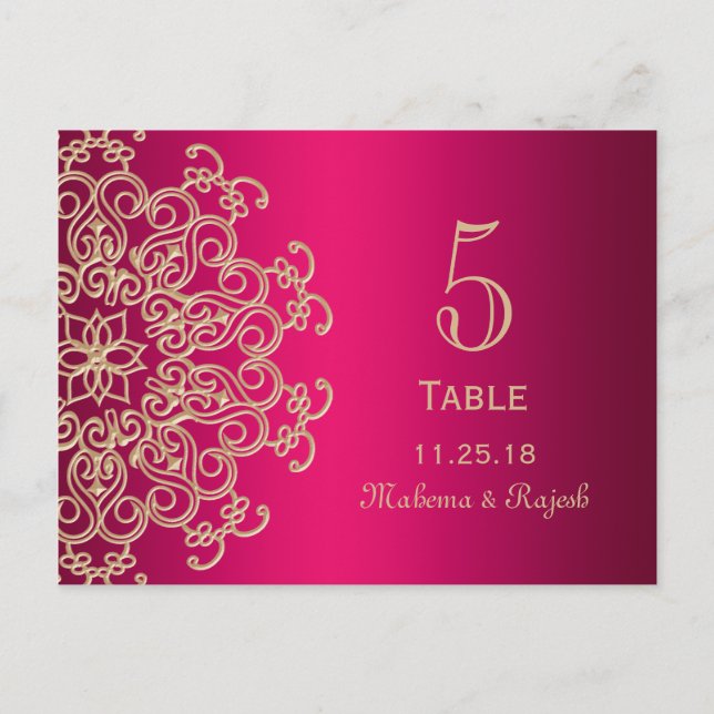 HOT PINK AND GOLD INDIAN WEDDING TABLE NUMBER CARD (Front)