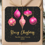 Hot Pink and Gold Ornaments Merry Christmas Square Sticker<br><div class="desc">This elegant and glamourous holiday sticker can be personalised with your family name. The design features hot pink and gold Christmas bauble ornaments on a black background. The text combines handwritten script and modern sans serif fonts for a classy and sophisticated look. The sparkles and glitter add a festive and...</div>