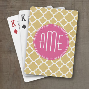 Hot Pink and Gold Quatrefoil Pattern Monogram Playing Cards