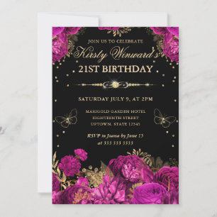Hot Pink and Gold Roses Floral 21st Birthday Invitation