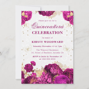 Hot Pink and Gold Roses Floral Quinceanera Invitation