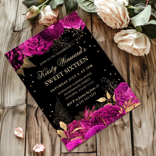 Hot Pink and Gold Roses Floral Sweet Sixteen Invitation (Creator Uploaded)