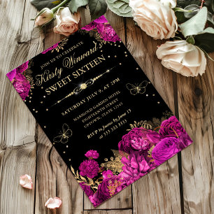 Hot Pink and Gold Roses Floral Sweet Sixteen Invitation