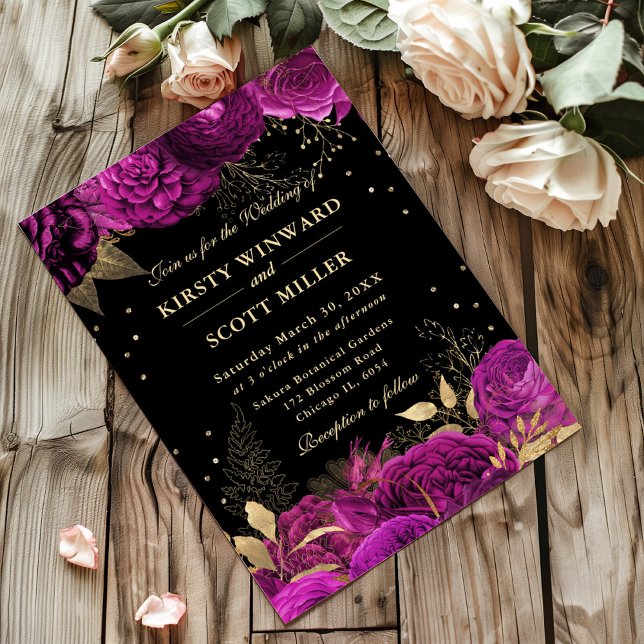 Hot Pink and Gold Roses Floral Wedding Invitation (Creator Uploaded)