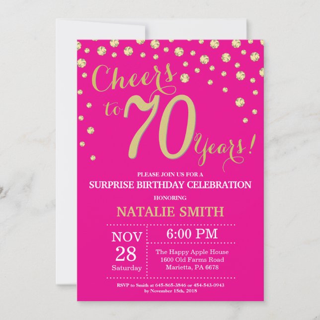 Hot Pink and Gold Surprise 70th Birthday Diamond Invitation (Front)
