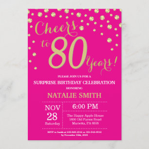 Hot Pink and Gold Surprise 80th Birthday Diamond Invitation