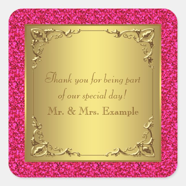 Hot Pink and Gold Wedding Square Sticker (Front)