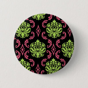 Hot Pink and Green Damask 6 Cm Round Badge