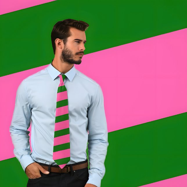 Hot Pink and Green Striped Tie (Thick Stripes) (Man wears a Hot Pink and Green Striped Tie with Thick Stripes.)