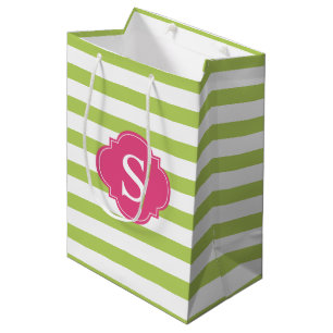 Hot Pink and Green Stripes Pattern and Monogram Medium Gift Bag