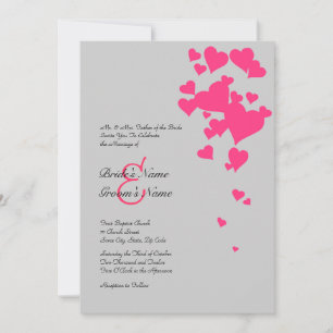 Hot Pink and Grey Hearts Wedding Invitation