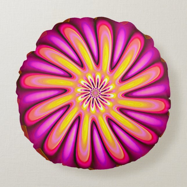 Hot Pink And Groovy Fractal Flower Round Cushion (Front)