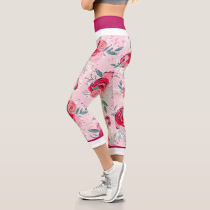 Hot Pink and Light Pink Glitter Rose Capri Leggings