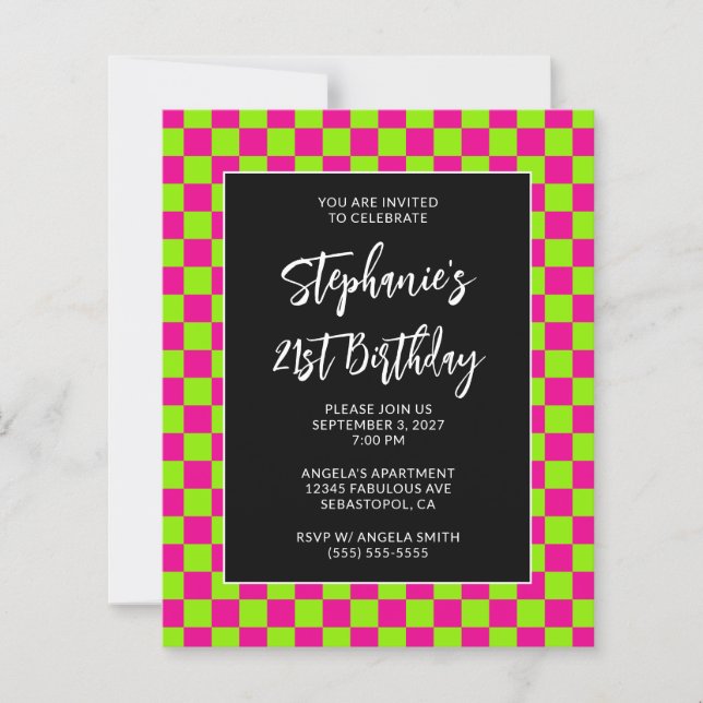Hot Pink and Lime Chequered Bold 21st Birthday (Front)