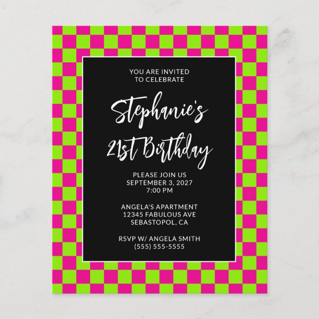 Hot Pink and Lime Chequered Bold 21st Birthday Flyer (Front)