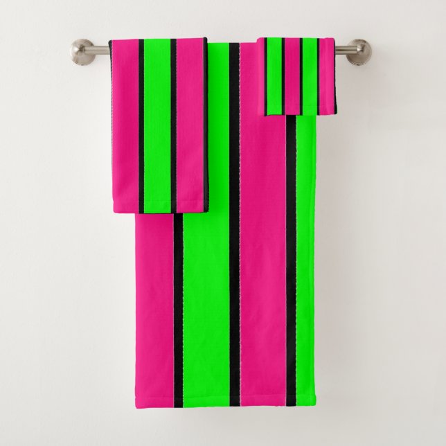 Hot Pink and Lime Green Stripes Bath Towel Set (Insitu)