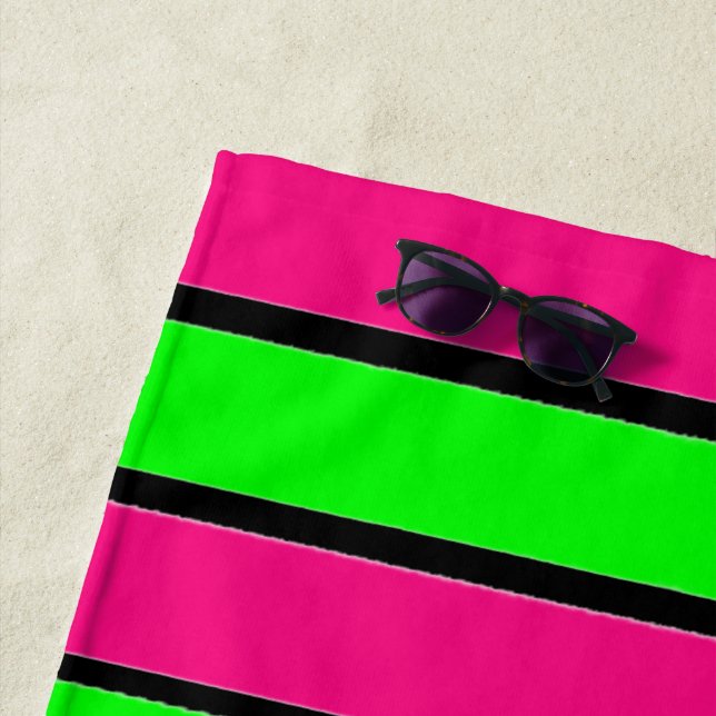 Hot Pink and Lime Green Stripes Beach Towel (In Situ)