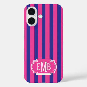 Hot Pink and Navy Blue Monogrammed Stripes iPhone 16 Case