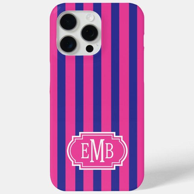 Hot Pink and Navy Blue Monogrammed Stripes Case-Mate iPhone Case (Back)
