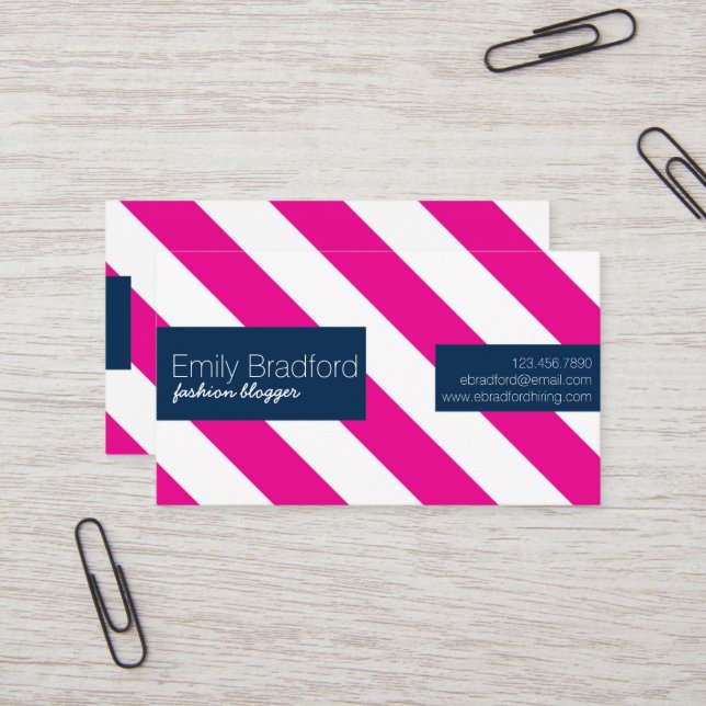 Hot Pink and Navy Blue Striped Business Cards (Front/Back In Situ)