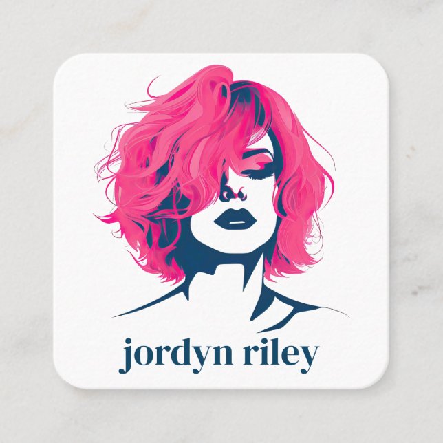 Hot Pink and Navy Hairstylist Hair Salon Square Business Card (Front)
