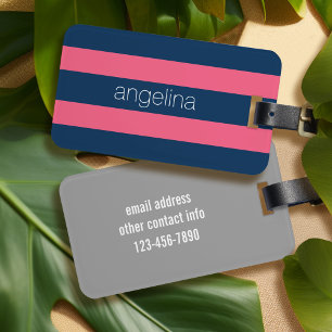 Hot Pink and Navy Modern Rugby Stripes with Name Luggage Tag