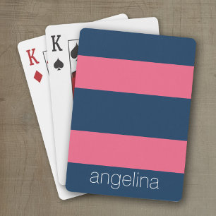 Hot Pink and Navy Modern Rugby Stripes with Name Playing Cards