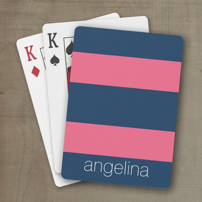 Hot Pink and Navy Modern Rugby Stripes with Name Playing Cards (Personalized playing cards)