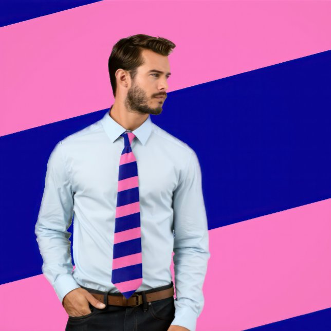 Hot Pink and Navy Striped Tie (Thick Stripes) (Man wears a necktie with hot pink and navy blue stripes.
)
