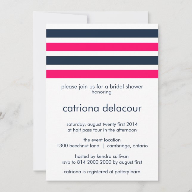 HOT PINK AND NAVY STRIPES BRIDAL SHOWER INVITATION (Front)