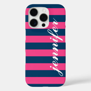 Hot Pink and Navy Stripes Custom Script Monogram iPhone 16 Pro Case