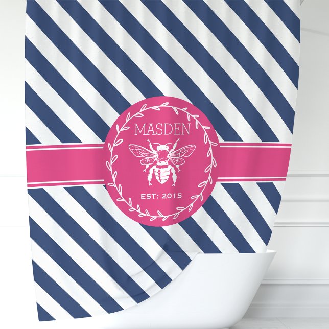 Hot Pink and Navy Stripes Honey Bee Monogram Shower Curtain (Creator Uploaded)