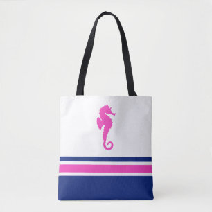 Hot Pink and Navy Stripes Sea Horse Nautical Tote Bag