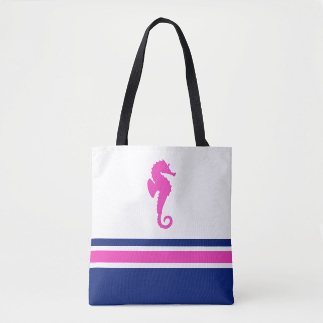 Hot Pink and Navy Stripes Sea Horse Nautical Tote Bag (Front)