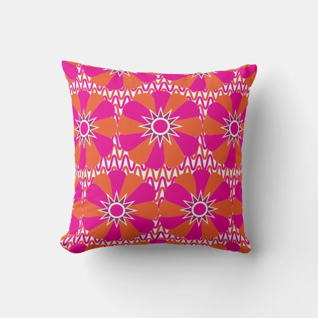 Hot Pink and Orange Bright Flower Pattern Cushion (Front)