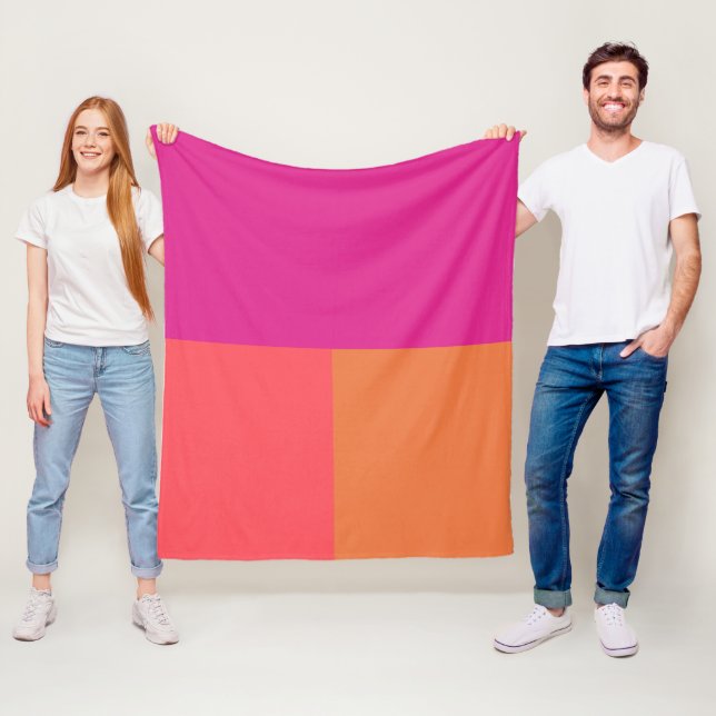 Hot Pink And Orange Colour Blocks Fleece Blanket (In Situ)
