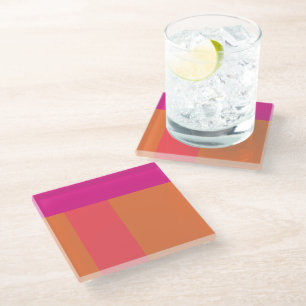 Hot Pink And Orange Colour Blocks Glass Coaster