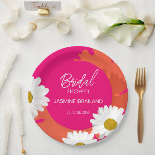 Hot Pink and Orange Daisy Abstract Floral Bridal  Paper Plate